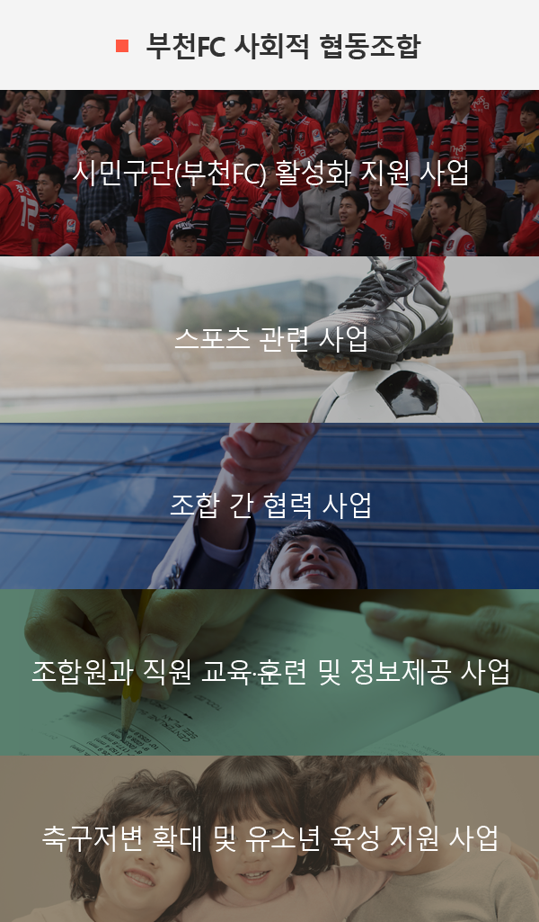 부천FC 사회적 협동조합, 시민구단(부천FC) 활성화 지원 사업, 스포츠 관련사업, 조합 간 협력 사업, 조합원과 직원 교육훈련 및 정보제공 사업, 축구저변 확대 및 유소년 육성지원 사업